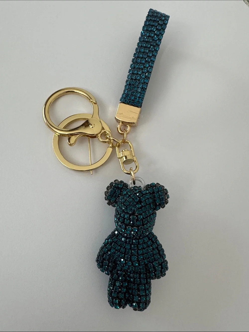 Sparkling Dark Teal Crystal Bear Gold Tone Bag Charm/Keychain NWOT